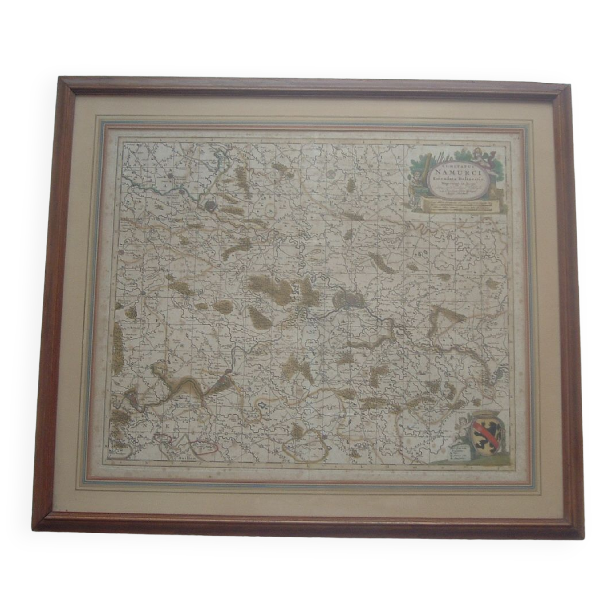 Old map xvii province of namur belgium by visscher, comitatus namurci, atlas minor, frame