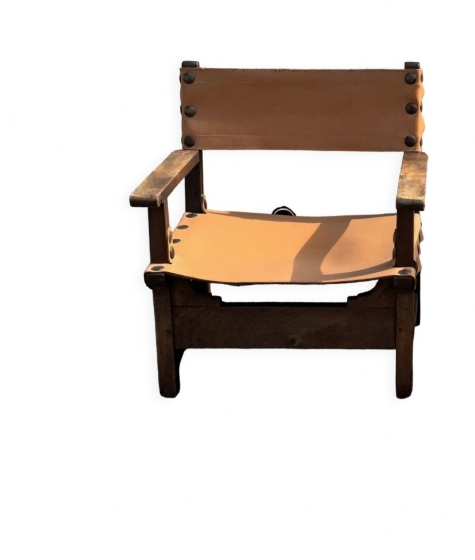 Brutalist armchair in wood and leather 60s
