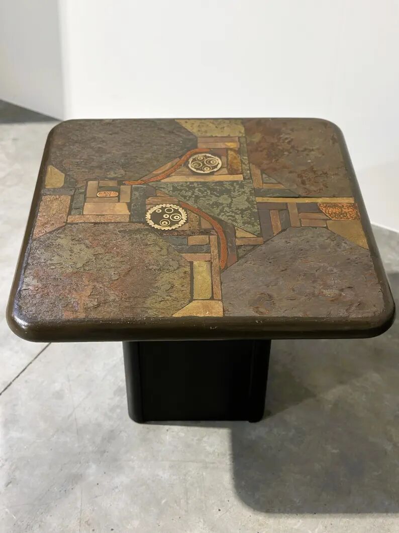 Pair of vintage Kneipp side tables with sculptural tops in mixed materials, 1970s