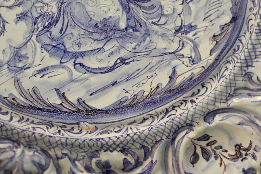 Large blue faience plate from Savona, Italy, 48 cm in diameter.