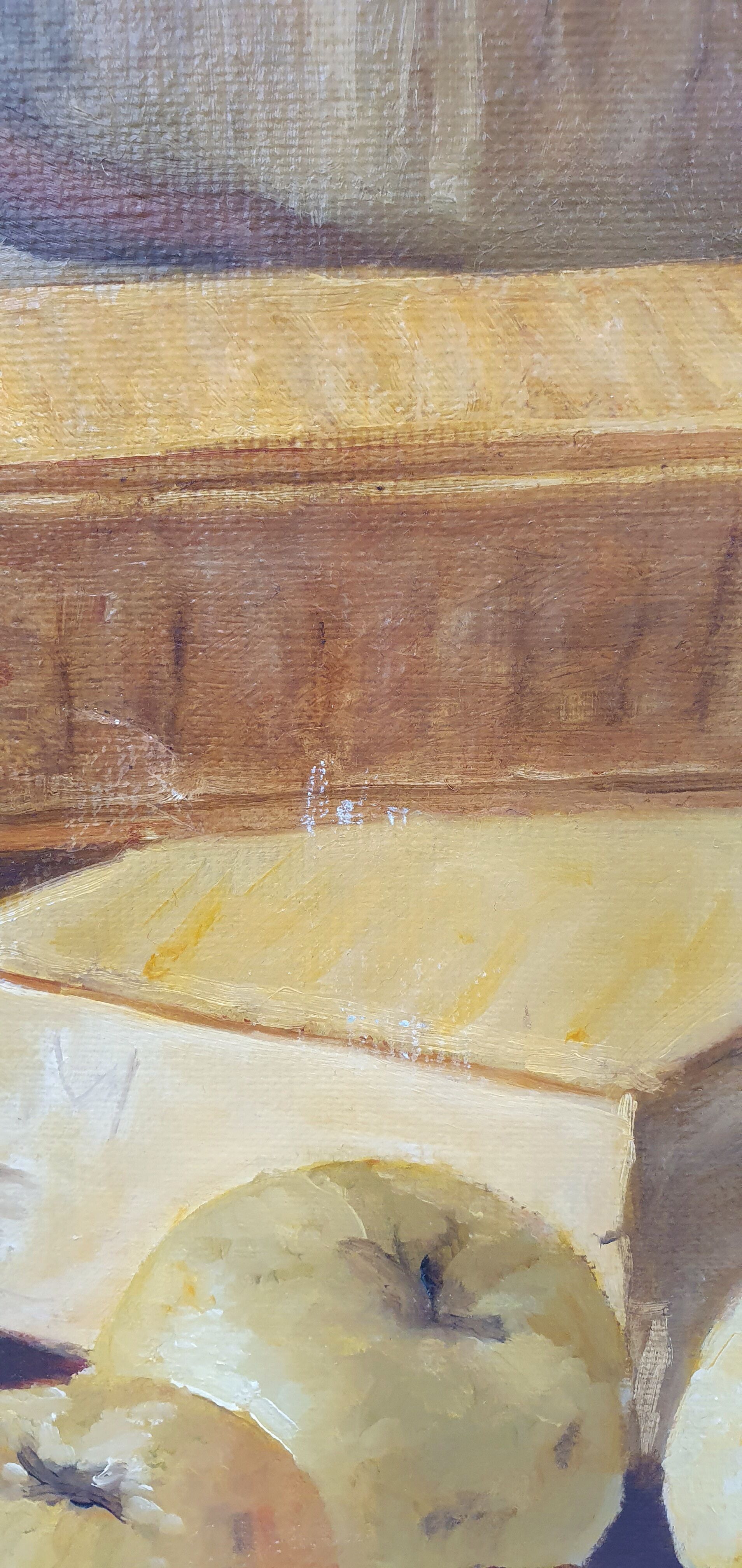 Oil on canvas still life not signed apples pitcher kitchen
