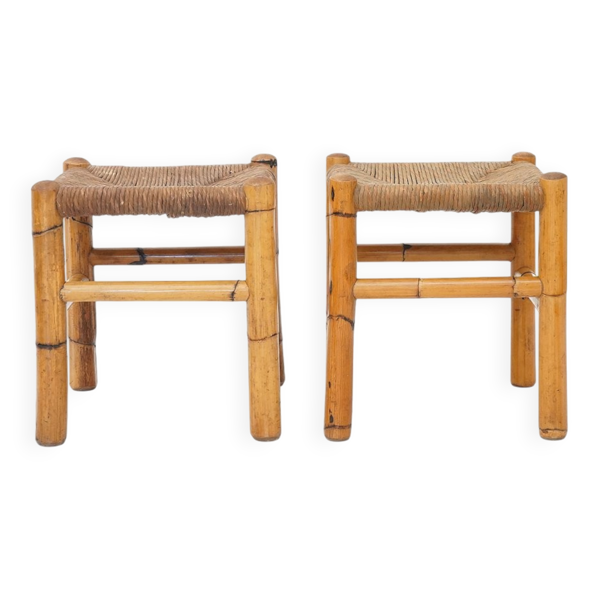 Rattan and woven straw stools, 1960s, set of 2