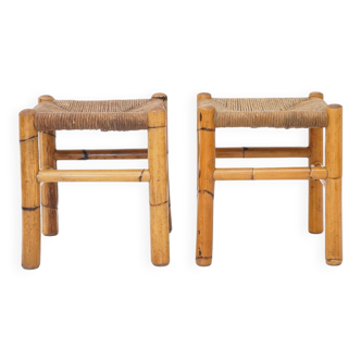 Rattan and woven straw stools, 1960s, set of 2