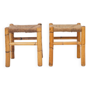 Rattan and woven straw stools, 1960s, set of 2