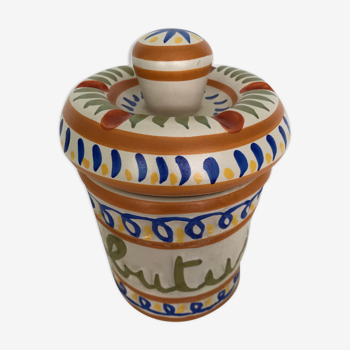 "Butun" Keraluc Quimper tobacco pot, made of hand-painted polychrome geometric earthenware 1950