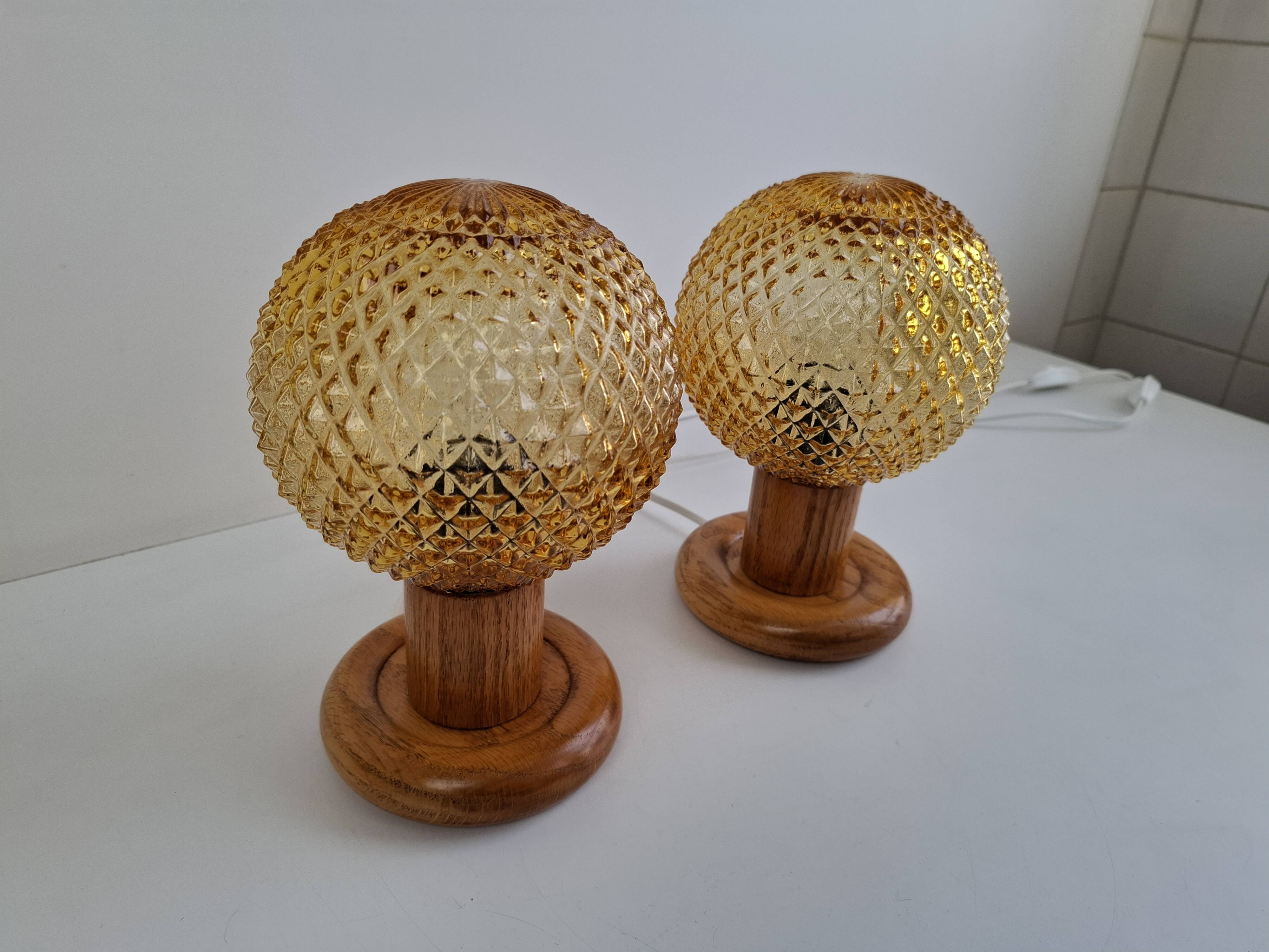 Pair of Mid-Century Table Lamps with Amber Glass and Wooden Base