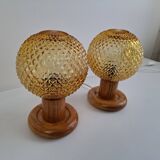 Pair of Mid-Century Table Lamps with Amber Glass and Wooden Base