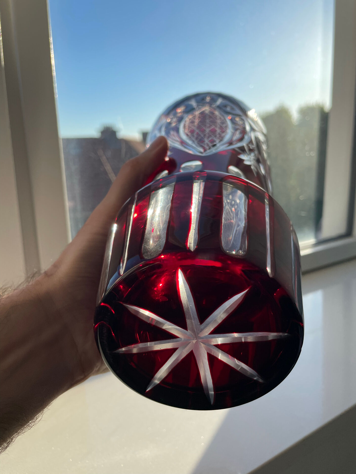 Hand-cut crystal vase, Bohemian or Polish - Vintage - Ruby/Cranberry