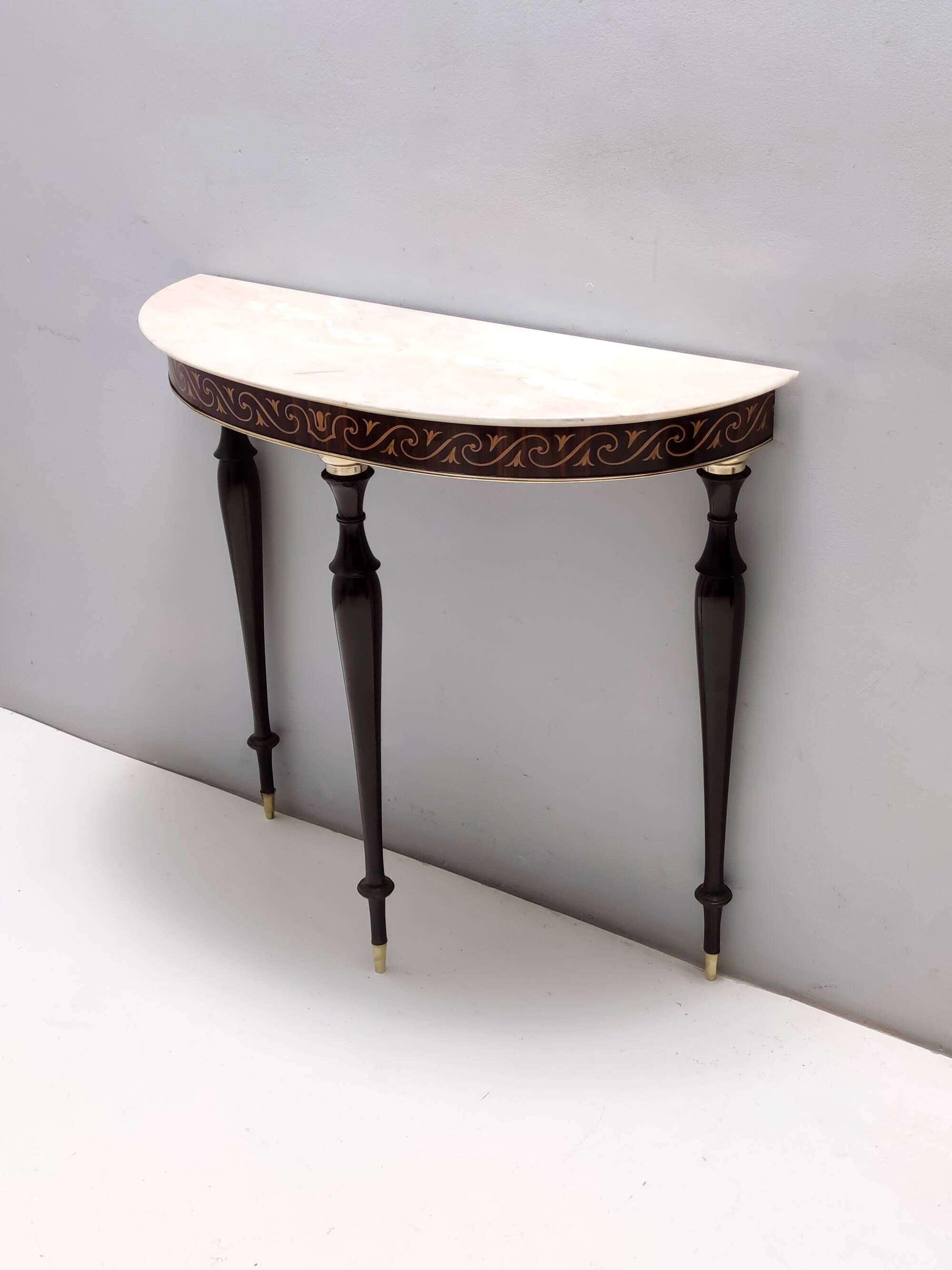 Beech and Black Walnut Console Table with a Demilune Marble Top