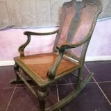 19th century Japanese rocking chair, green lacquer and canework