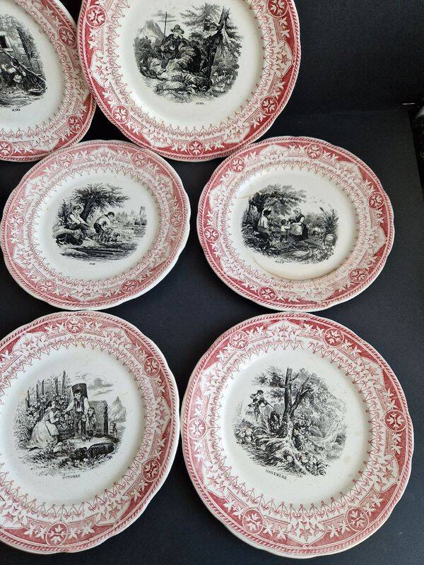 Set of 8 "Month" ceramic talking plates Digoin Sarreguemines