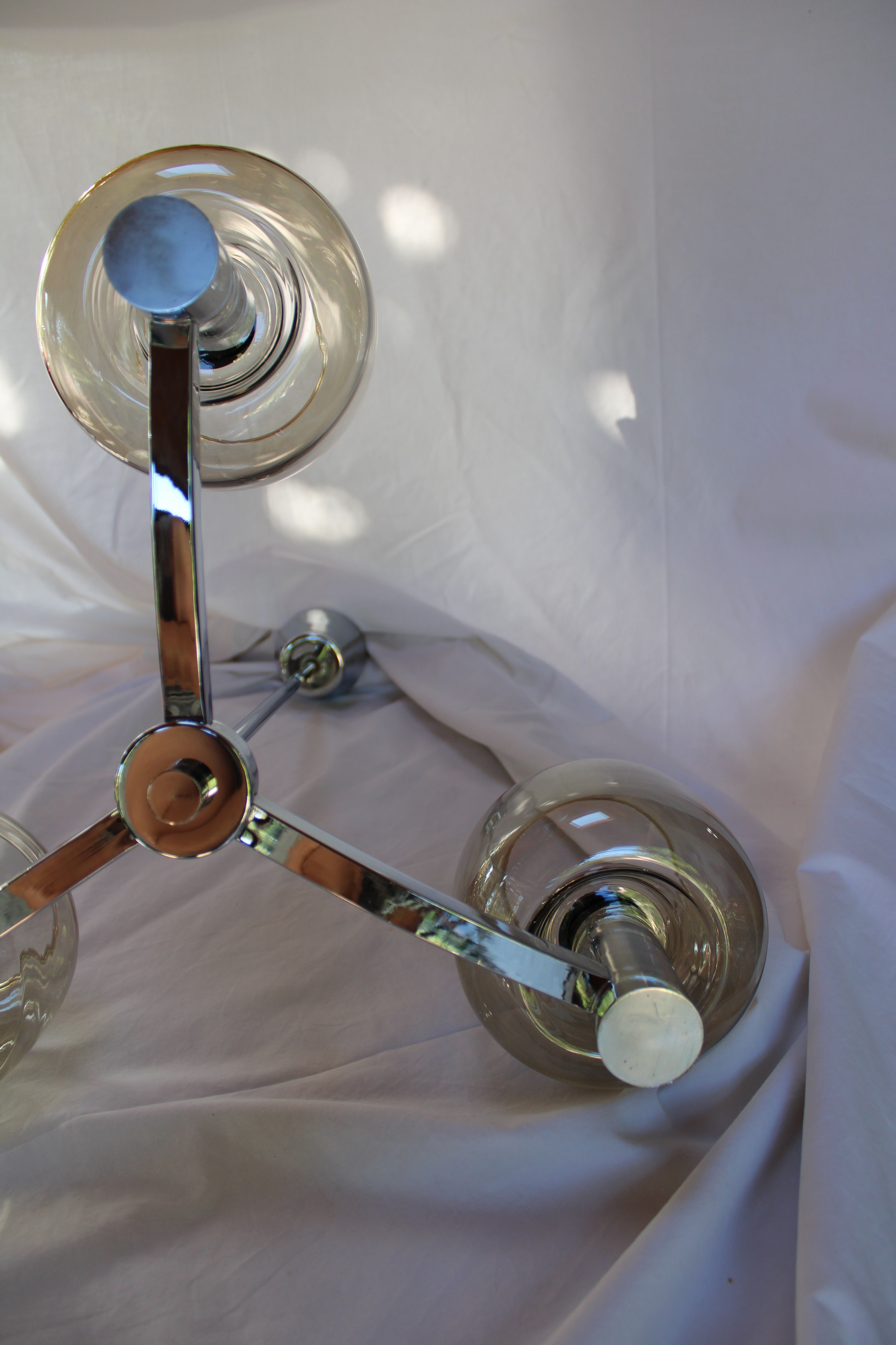 Chrome metal chandelier 3 vintage smoky glass globes