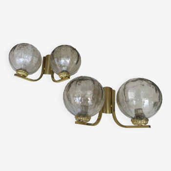 Vintage pair of brass and glass double wall lights, 1970s