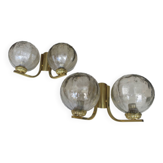 Vintage pair of brass and glass double wall lights, 1970s