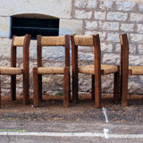 Brutalist chairs in pine and straw, France, 1950s, set of 4