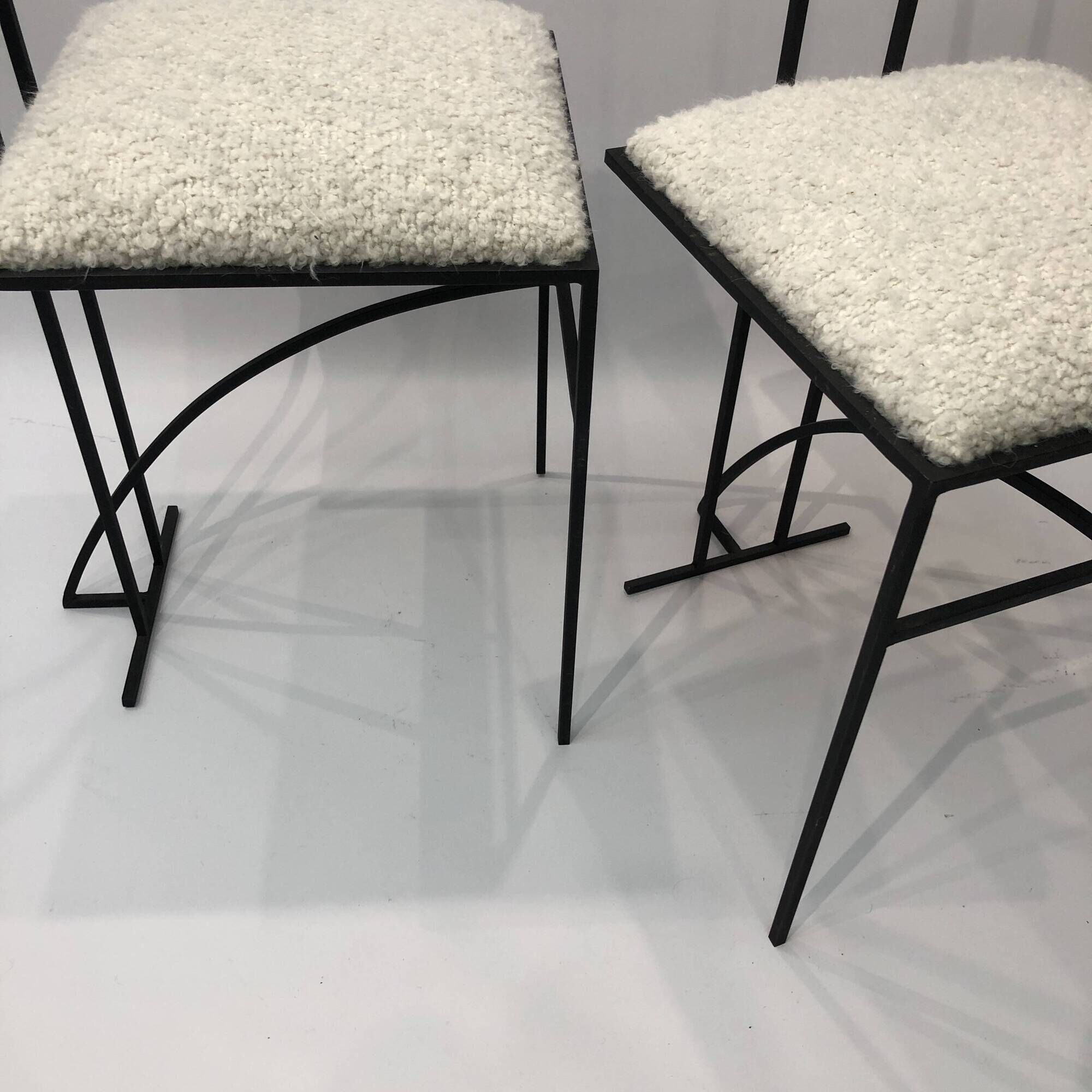 Pair of Postmodern High Back Black Metal Side Chairs in Boucle 1980s Vintage 70s