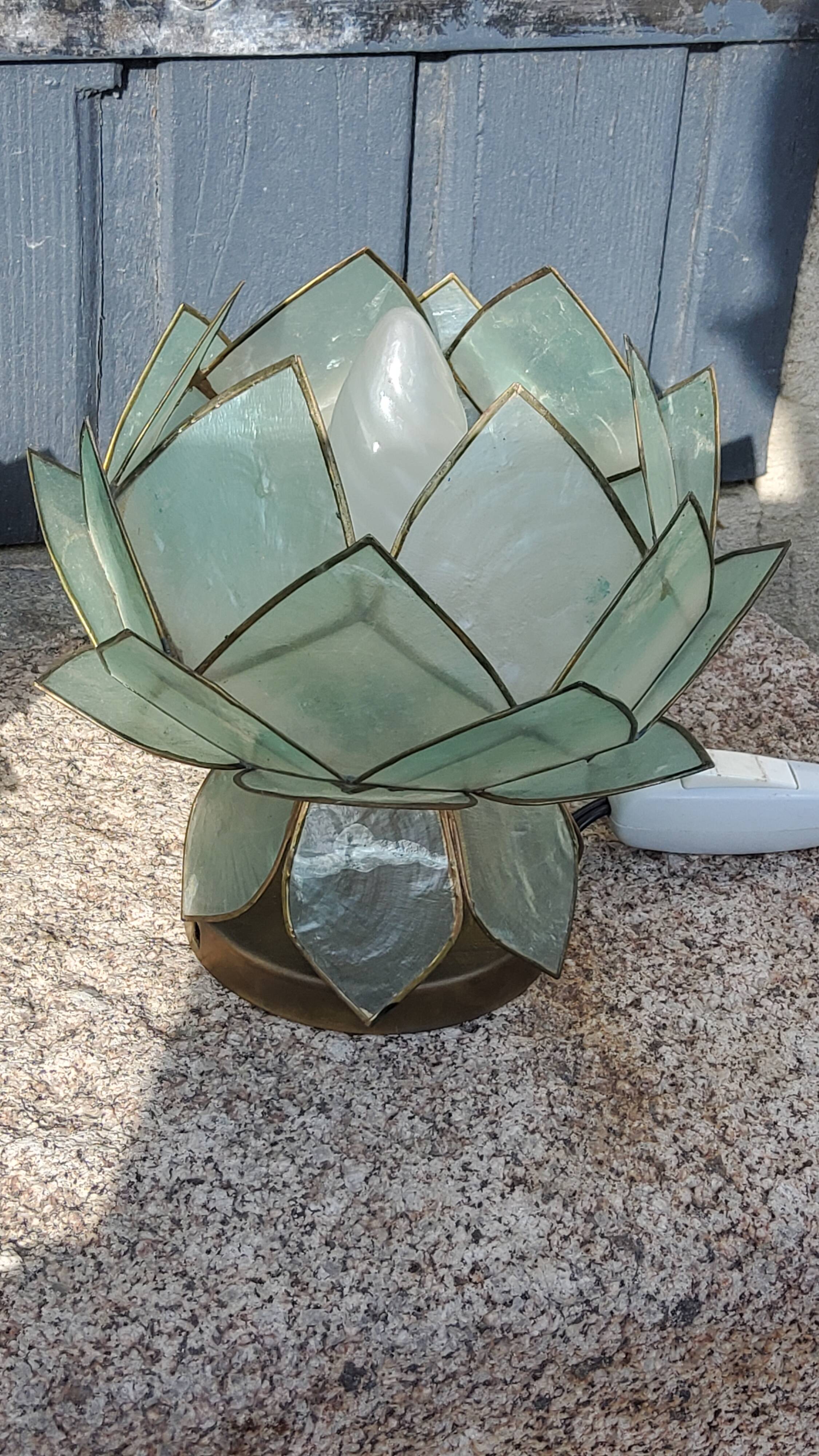 Pair of designer table lamps in turquoise blue green capiz mother-of-pearl from the 70s