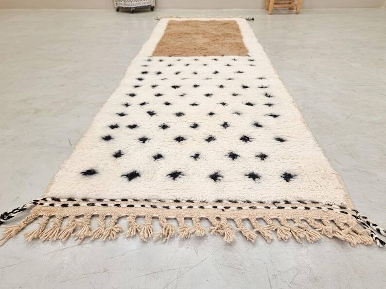 Moroccan polka dot hallway, white and brown beni ourain rug, berber design