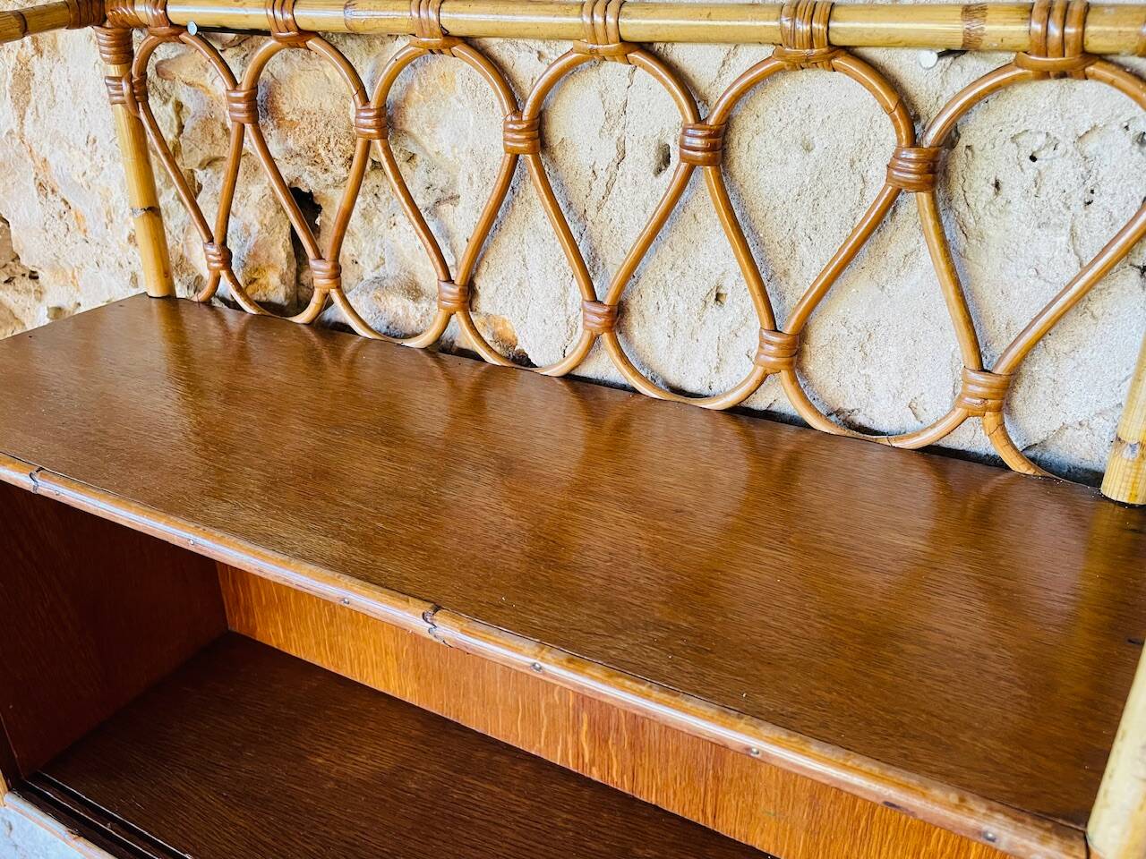 Vintage rattan and bamboo wall shelf with glass door cabinet, 1960s