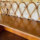 Vintage rattan and bamboo wall shelf with glass door cabinet, 1960s