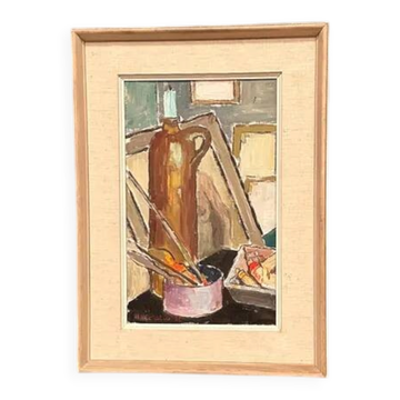 Original Swedish Oil on Canvas – “Still Life” by Harry Holmberg – Signed – Dated 1956 – Vintage & Framed – 47 × 34.5 cm (18.5" × 13.6")