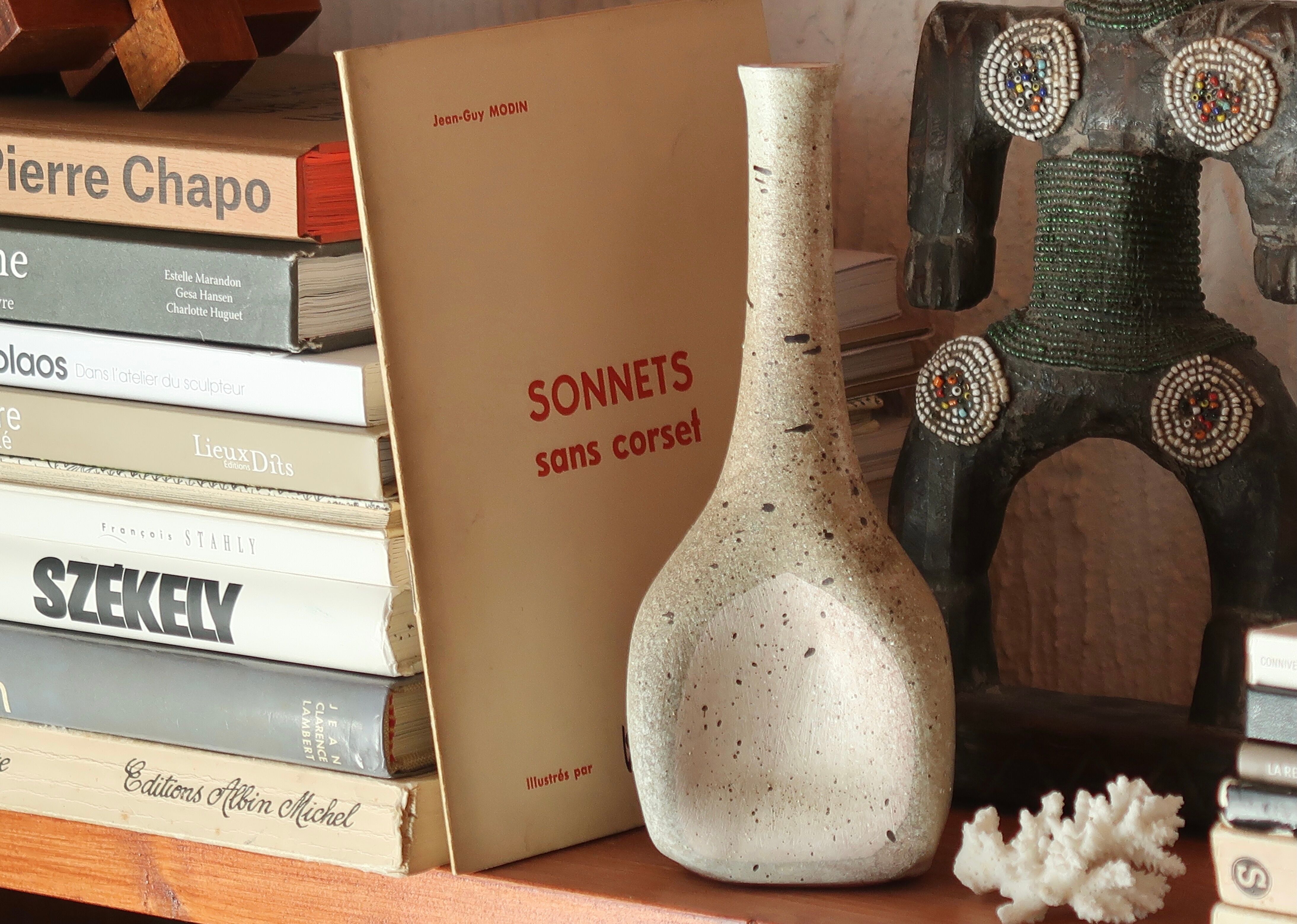 Beige grey ceramic bottle vase from Azé pottery