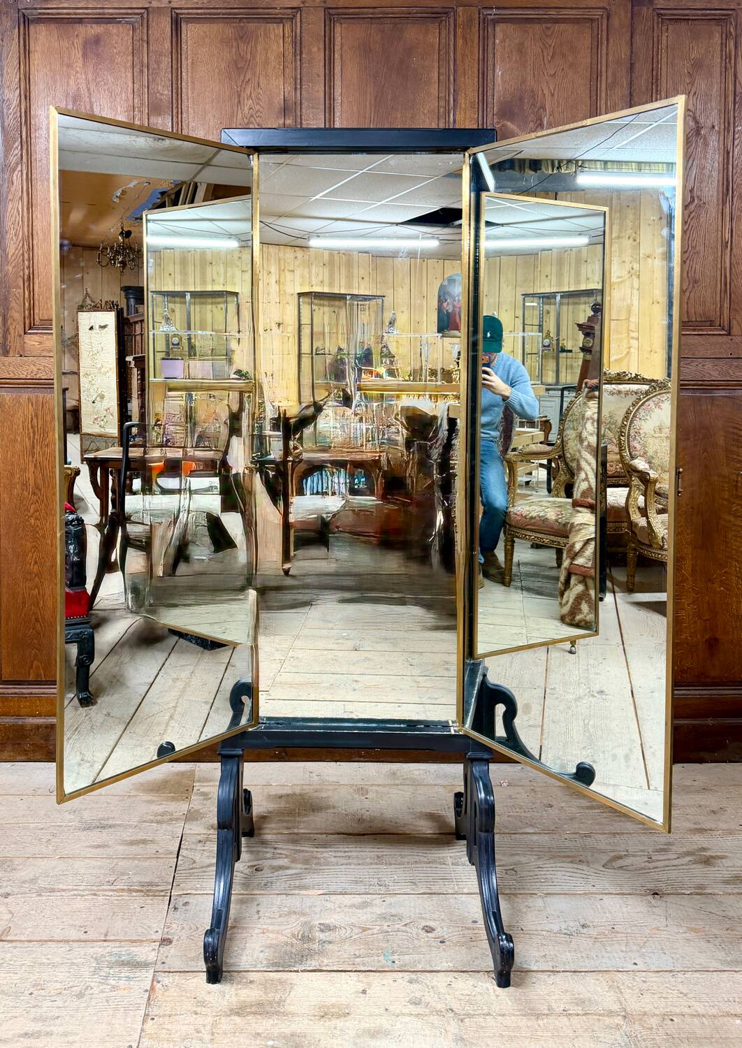 Brot mirror on legs, triptych glass in blackened wood, brass, Art Deco