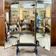 Brot mirror on legs, triptych glass in blackened wood, brass, Art Deco