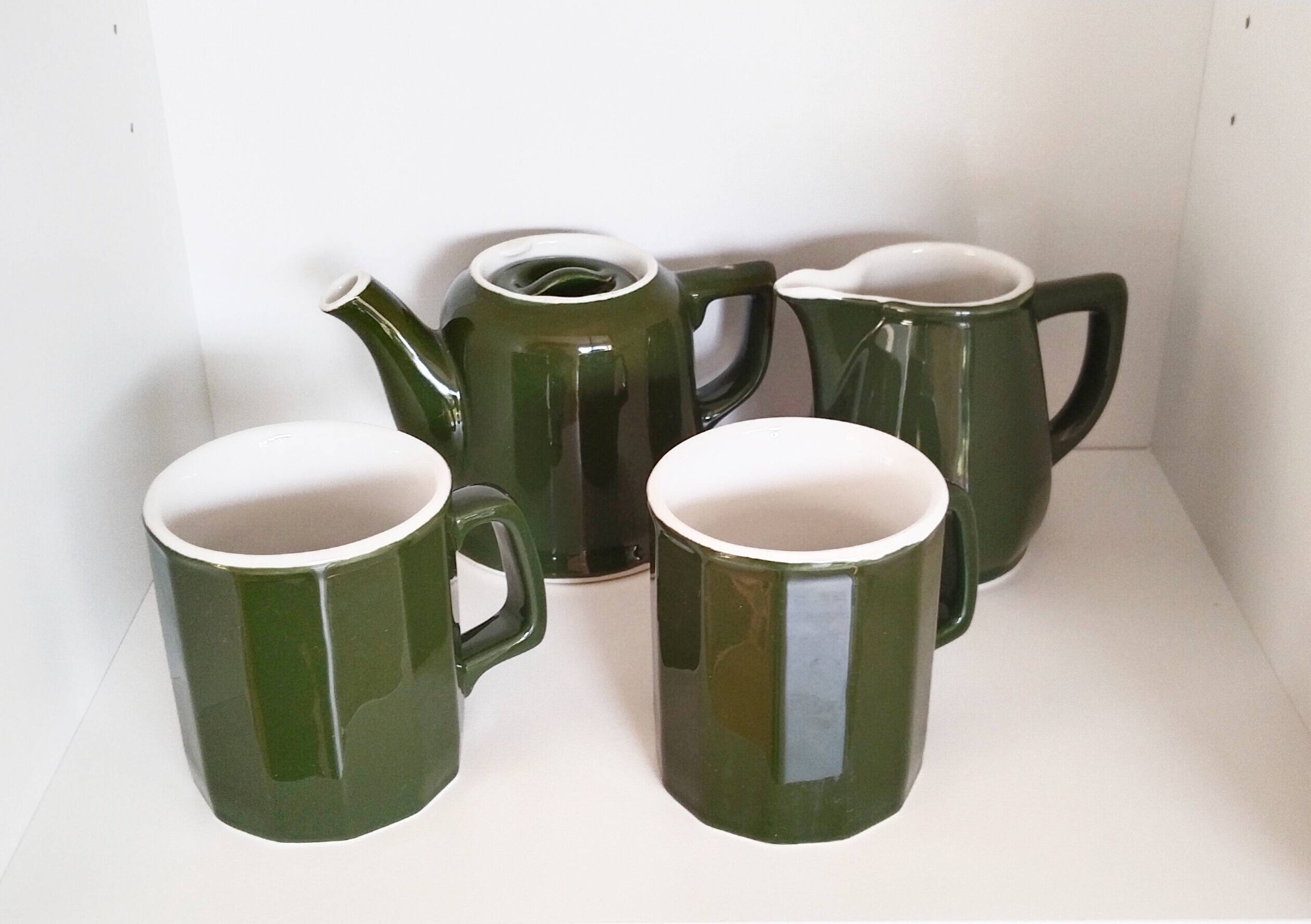 Bistro service, mugs, milk jug, green porcelain bistro coffee maker