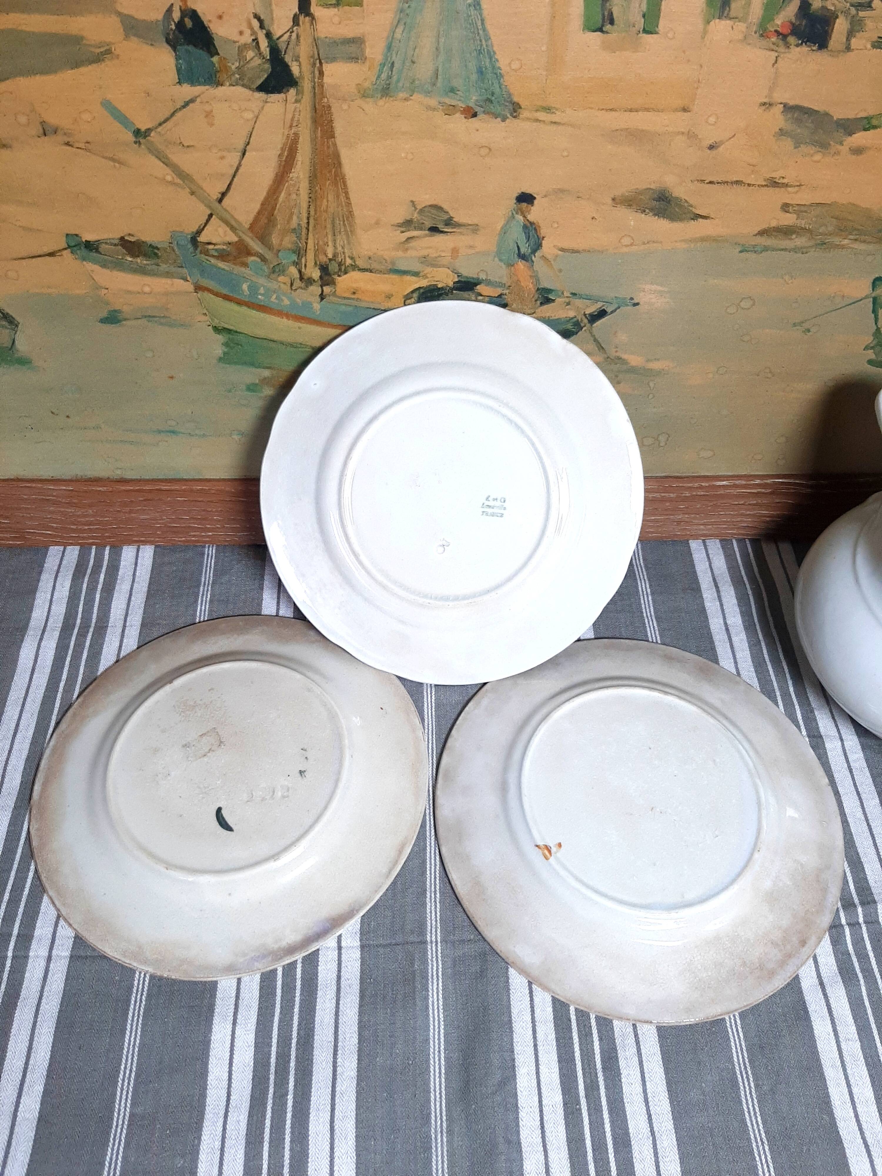 Antique earthenware plates with fruit decoration.