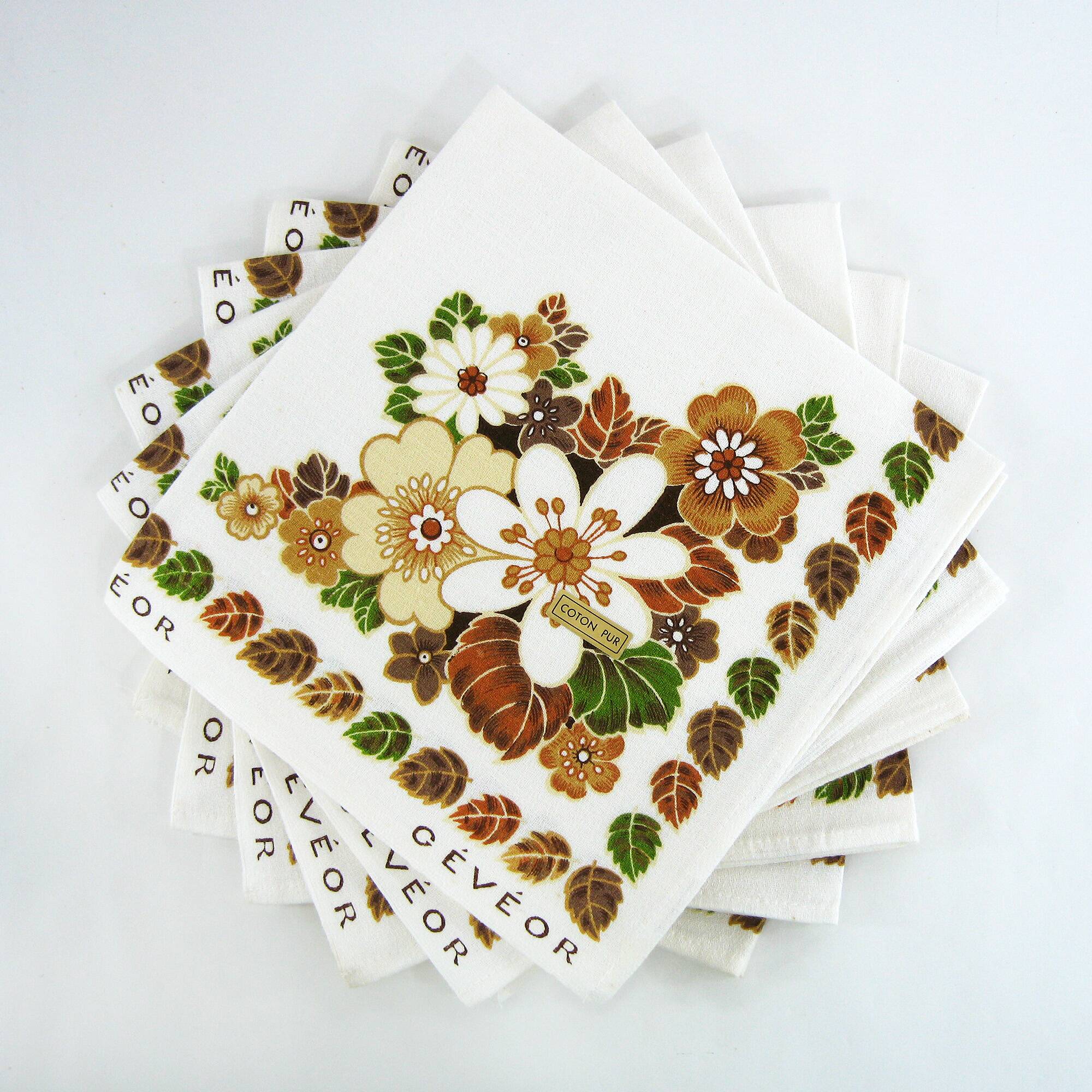 6 cotton napkins - brown and green floral pattern - Gévéor France - vintage 70s