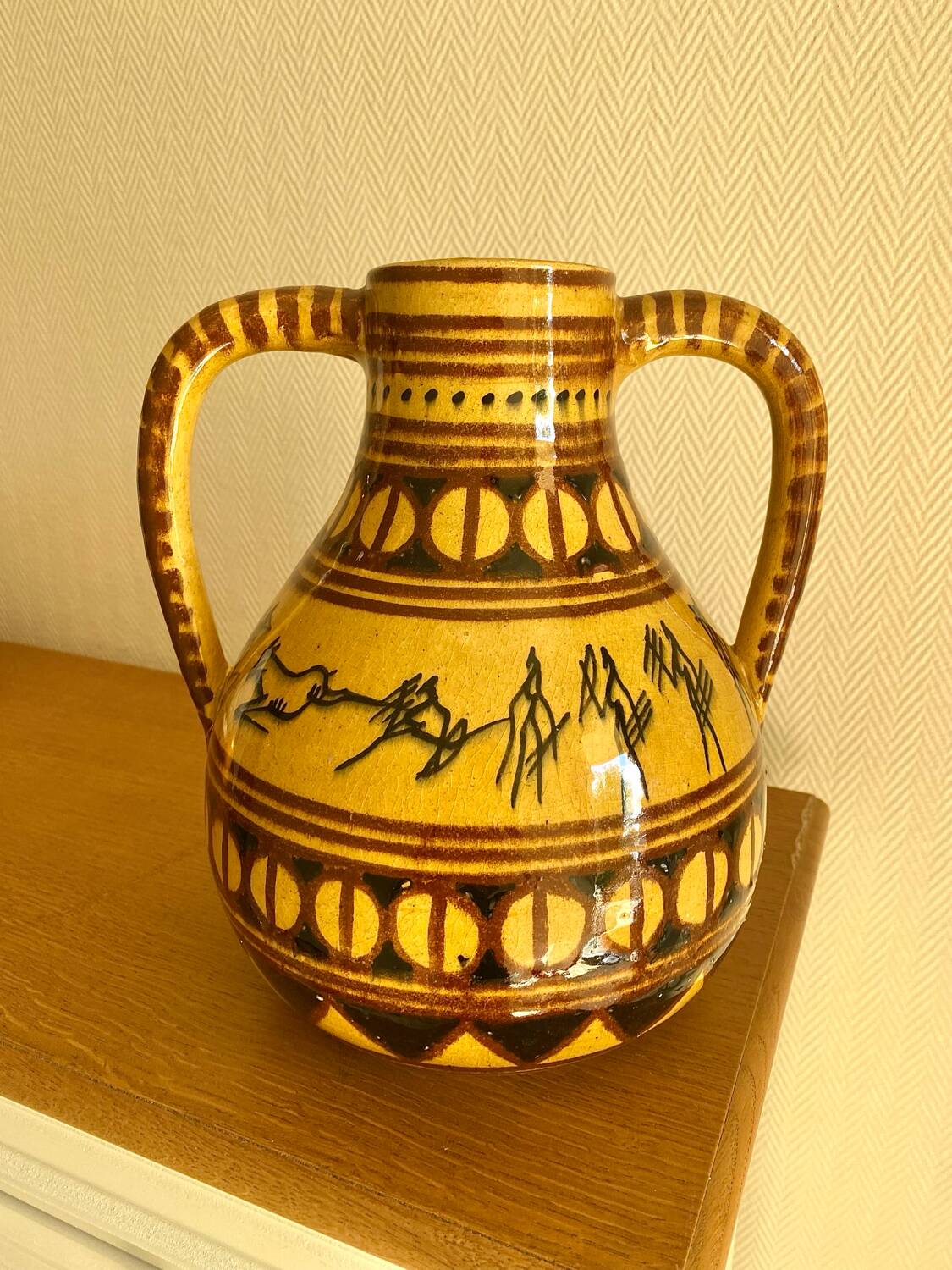 Large vintage ethnic vase with tribal decor