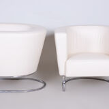 White leather Halabala armchairs made in 1930s Czechia - Fully restored