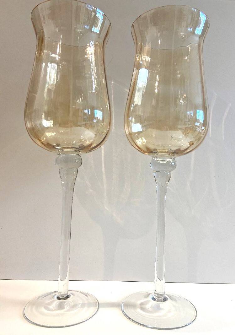 Duo of Tealight Holders Vases Candle Holders on Stand Blown Crystal Glass Amber