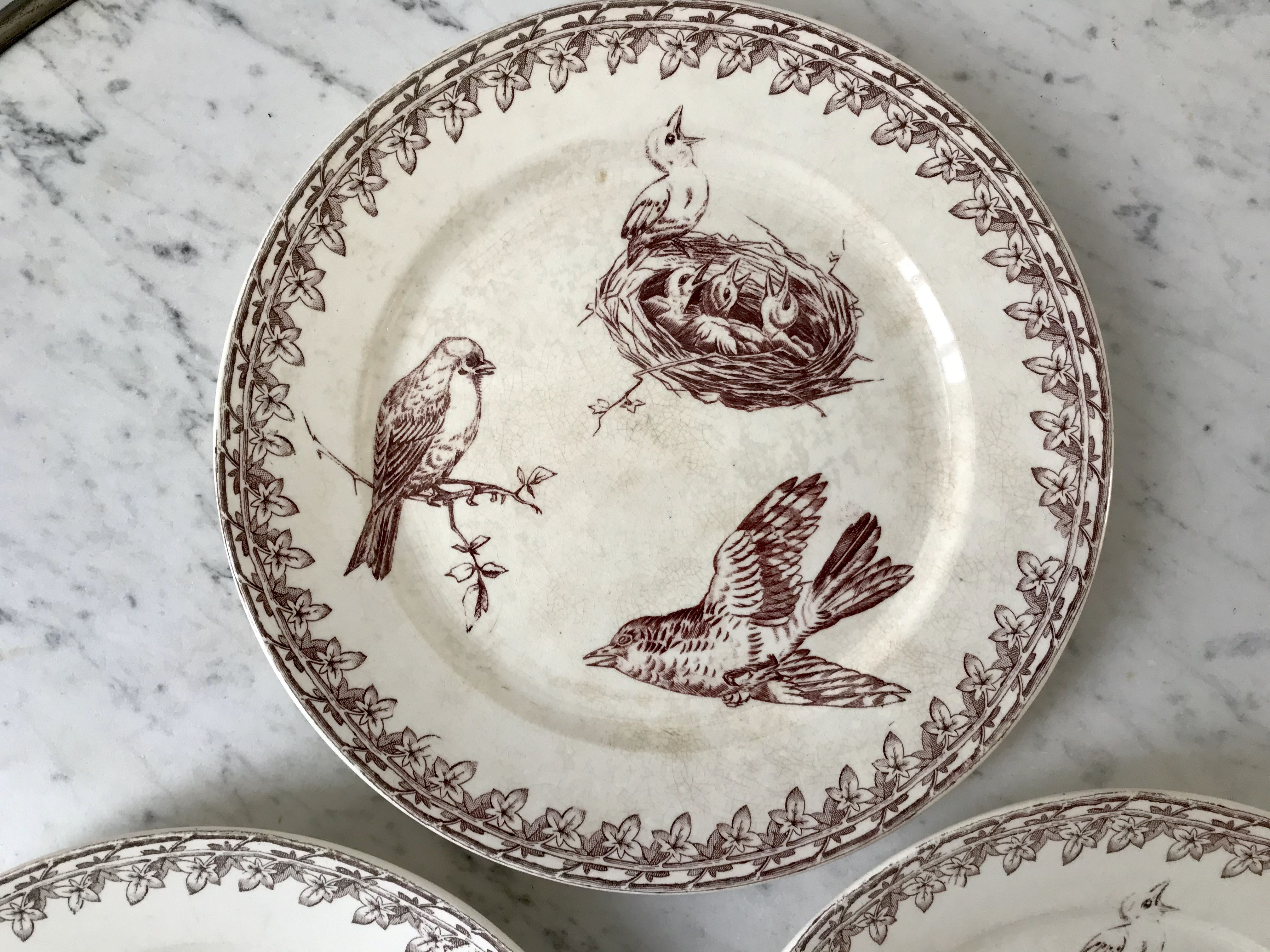 Trio of dessert plates Terre de Fer, faience digoin Sarreguemines, Buffon model