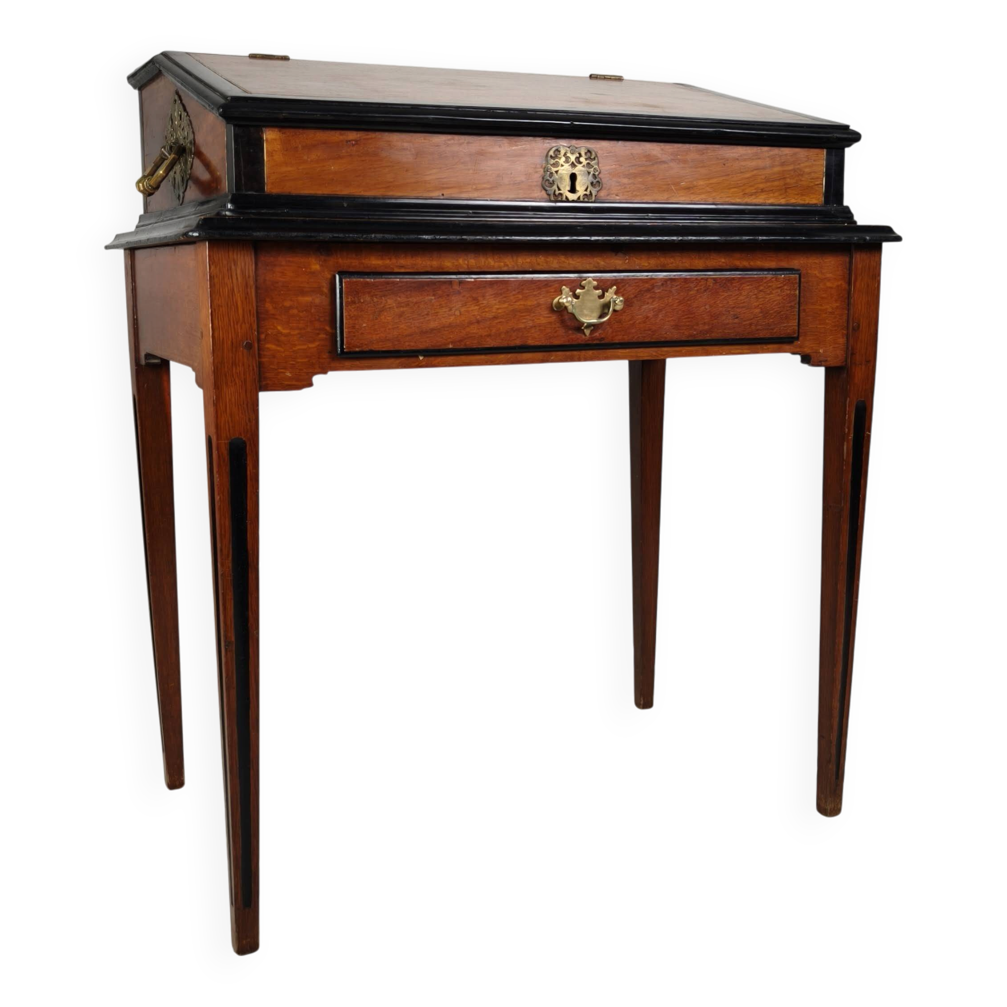 Bureau d'écriture portable en amboyna et ébène du XVIIIe siècle, support sur mesure