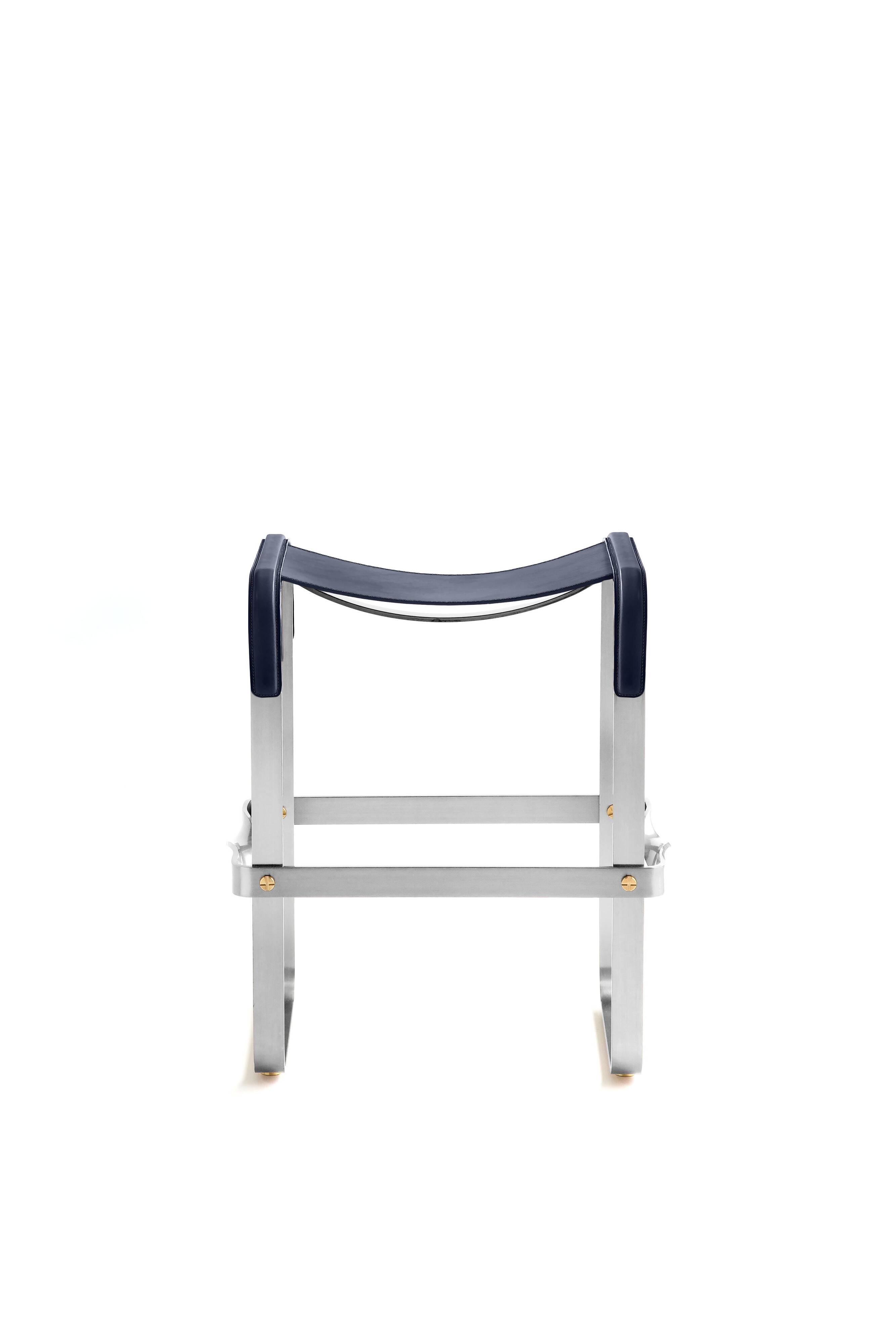 Contemporary Minimalist Bar Stool in Aged Silver Metal and Navy Blue Leather