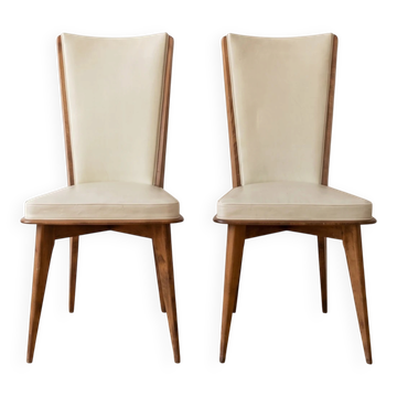 Pair of vintage Art Deco chairs in wood and cream faux leather.
