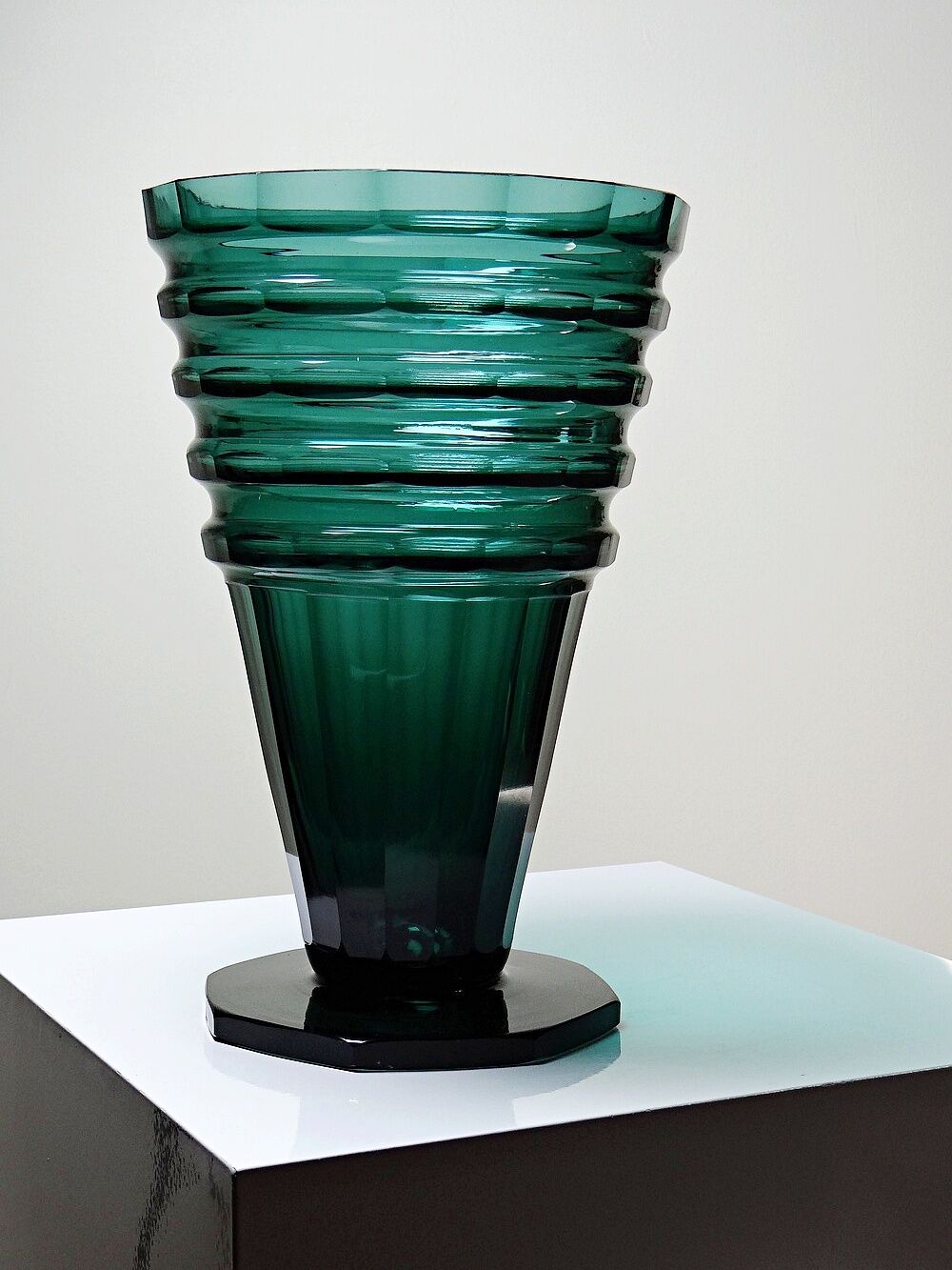 Large antique Art Deco emerald cut crystal vase, Bohemia 1920-1930