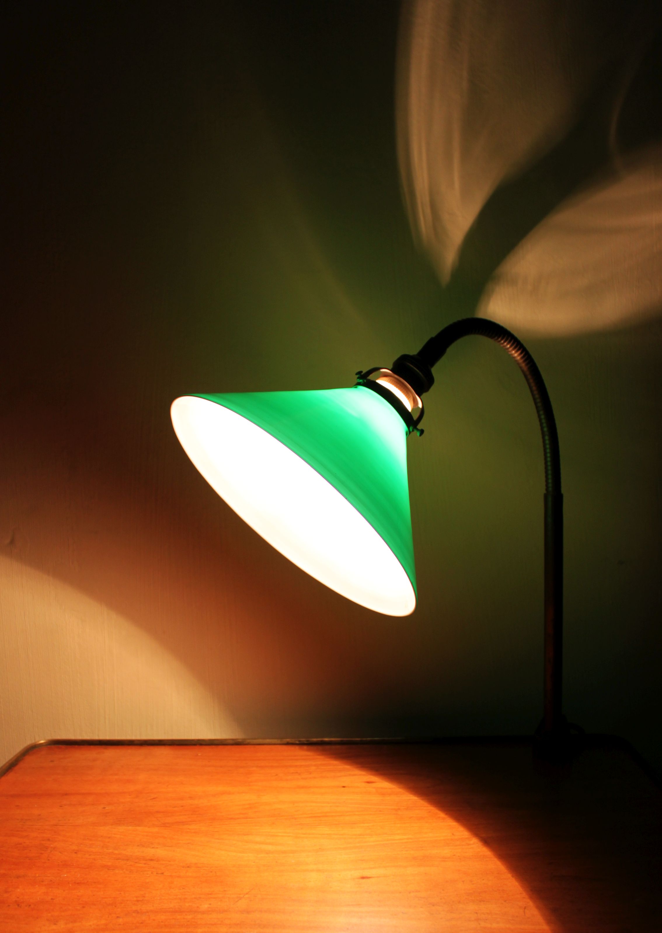 Vintage industrial vice lamp, green opaline.