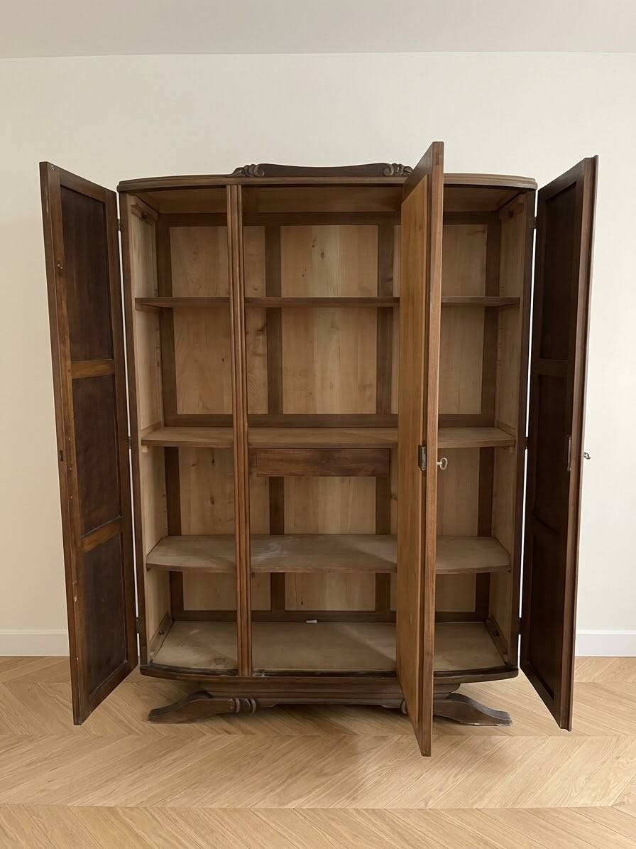 Antique 3-door Art Deco wardrobe in solid wood with mirror