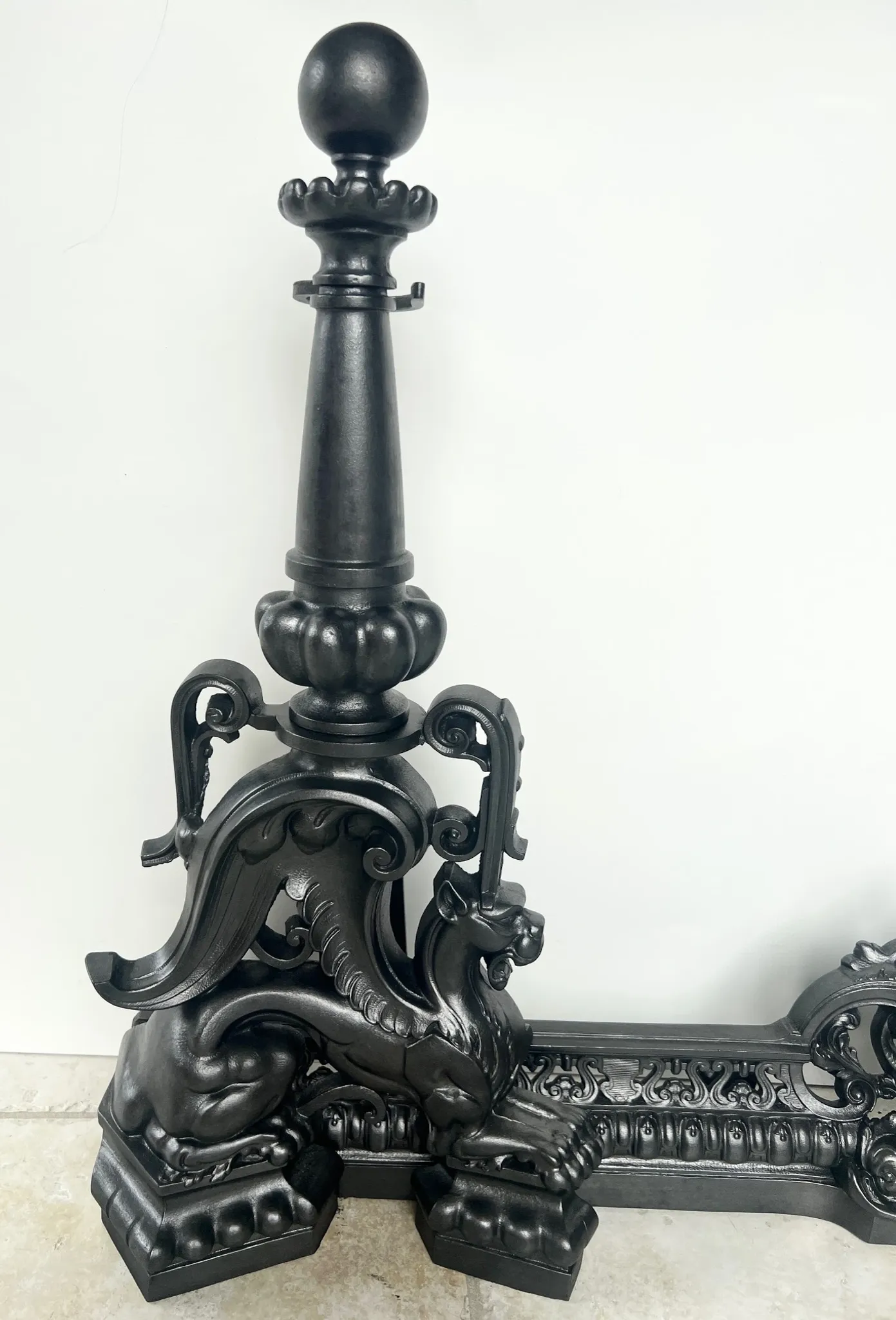 19th-century cast iron fireplace set, bar, andirons & plaque with griffins