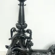 19th-century cast iron fireplace set, bar, andirons & plaque with griffins