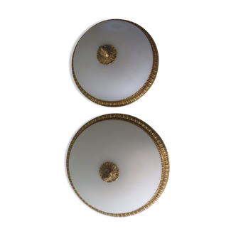 Suite of 2 ceiling lights in bronze and opaline glass, France 1960