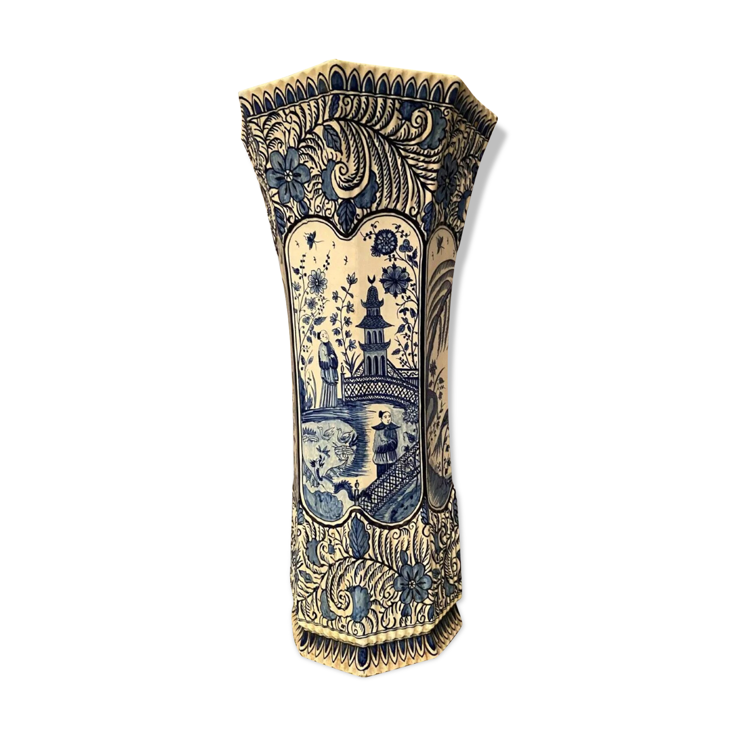 Umbrella holder vase earthenware Desvres nineteenth decoration Far East Pagoda 62.5 cm
