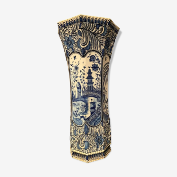 Porte-parapluie vase faïence de Desvres XIXe décor Extrême-Orient Pagode 62,5 cm