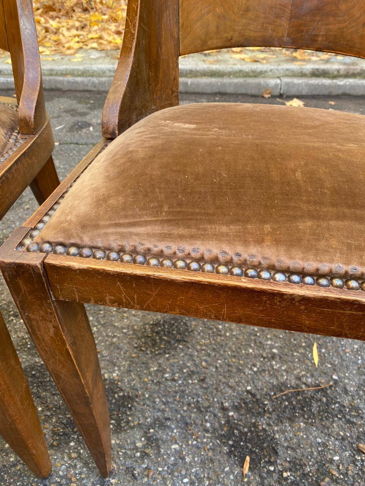 6 Art Deco gondola chairs in solid wood and brown suede