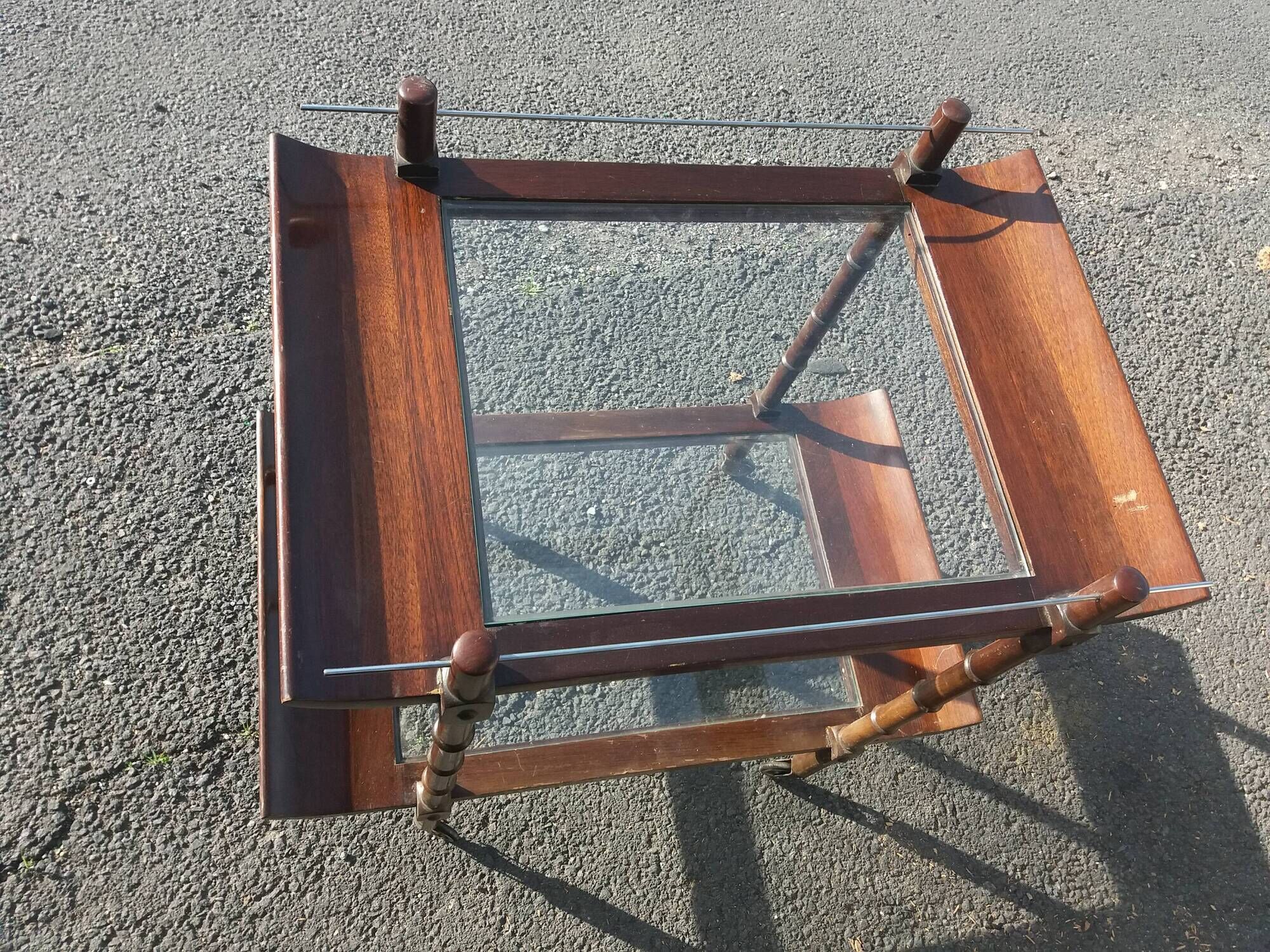 Bar rolling serving double trap pagoda wood and glass 1950s mahogany