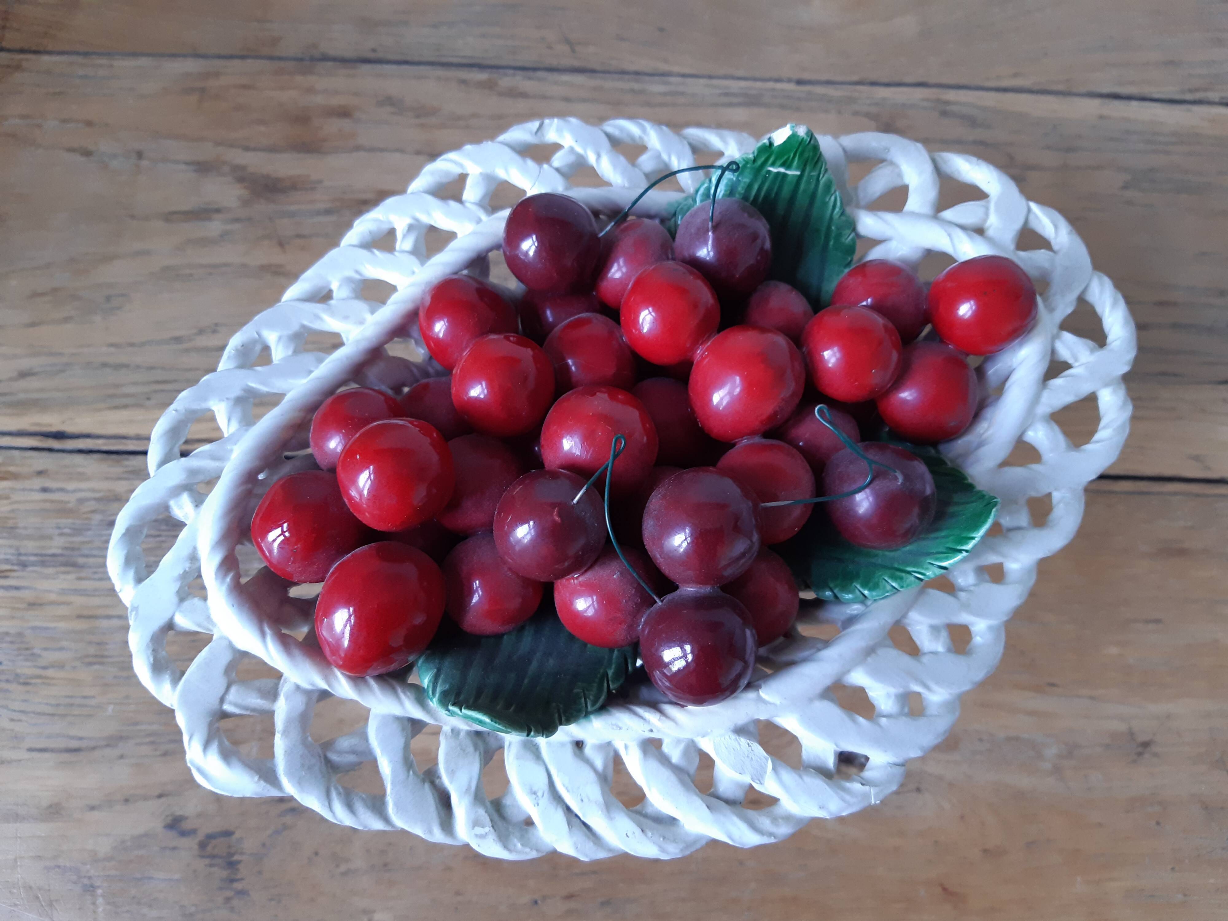 Braided basket of porcelain cherries, Bassano vintage 60s