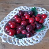 Braided basket of porcelain cherries, Bassano vintage 60s
